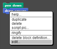 Editing the 'draw square' block
